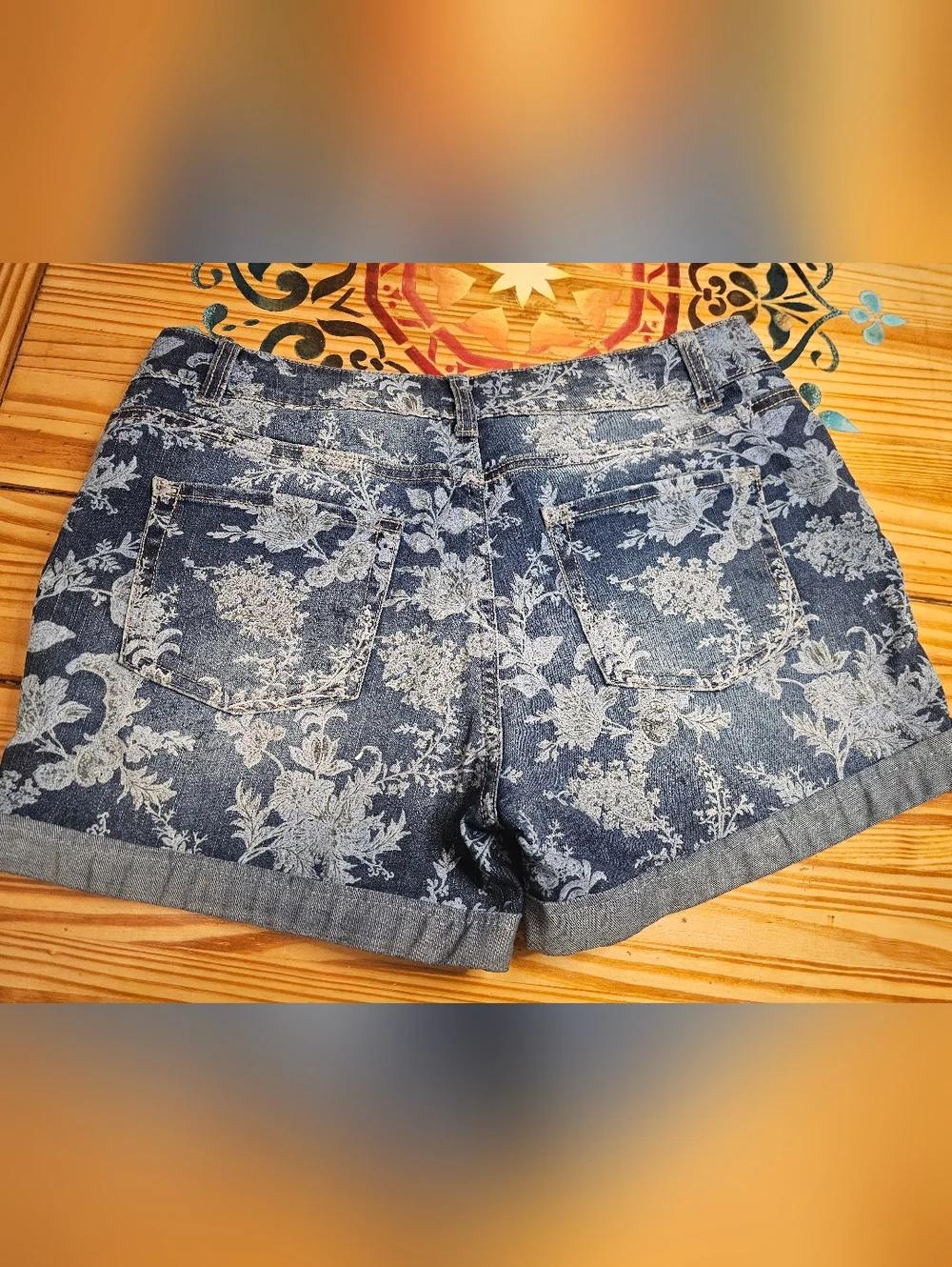 Time and Tru Blue Floral Denim Roll-Hem Shorts - Picture 3 of 4